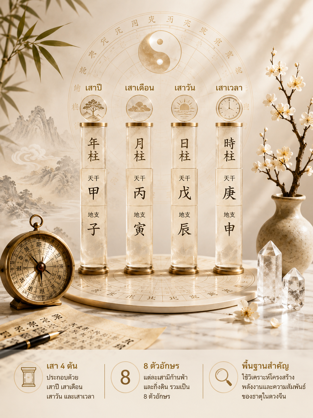 ภาพประกอบโครงสร้างเสา 4 ต้น 8 ตัวอักษรในศาสตร์ดวงจีน BaZi